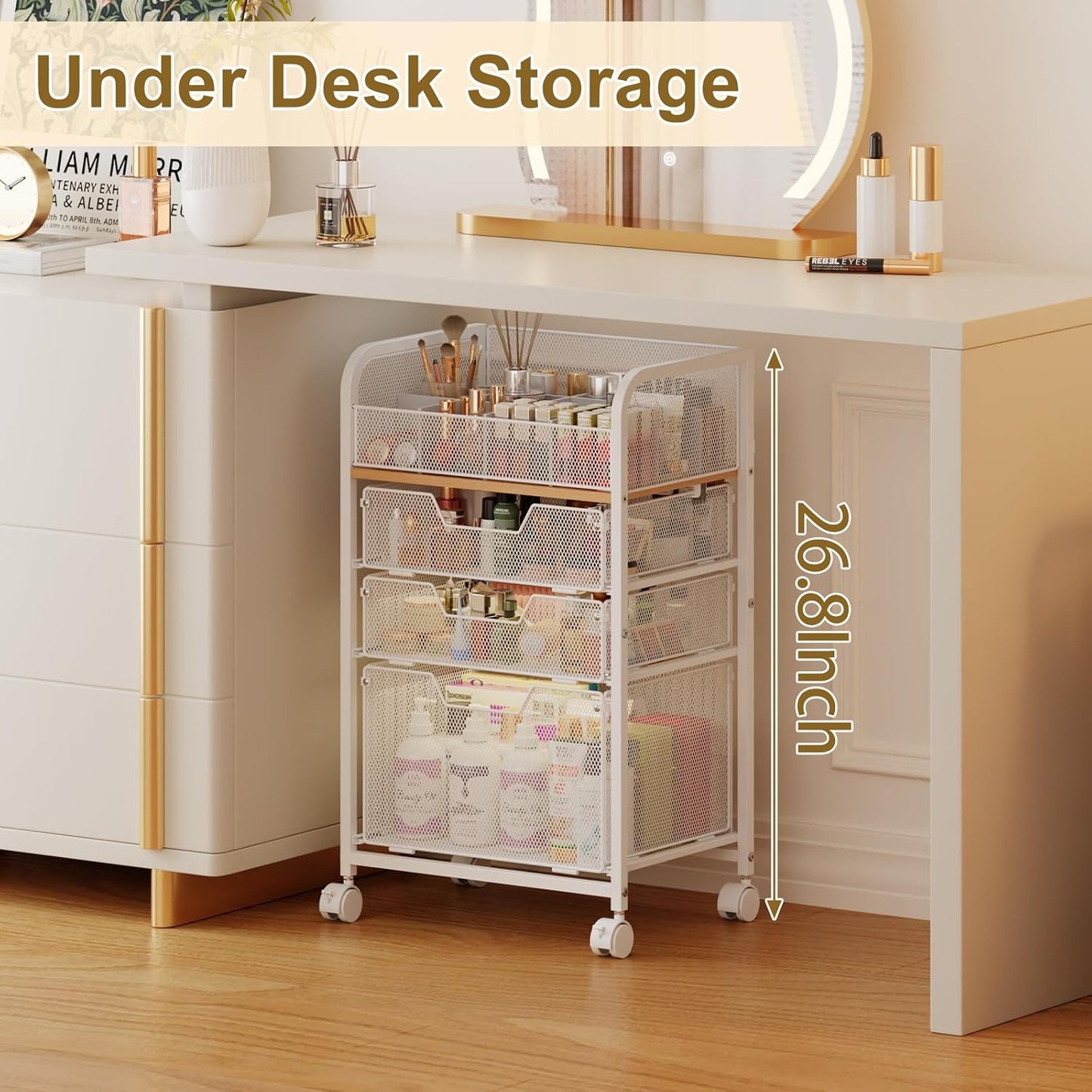 Rolling Makeup Cart Organizer with 3 Drawers, 4-Tier Narrow Floor Skincare Organizers with dividers, Vanity Organizer Cosmetics Display Cases for Makeup Brush, Hair Tool, White