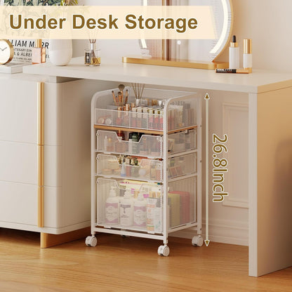 Rolling Makeup Cart Organizer with 3 Drawers, 4-Tier Narrow Floor Skincare Organizers with dividers, Vanity Organizer Cosmetics Display Cases for Makeup Brush, Hair Tool, White