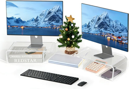 LEKETREE Dual Monitor Stand Riser with Drawer, Desk Organizer and Accessories, Pink Monitor Stand for Desk, Desktop Stand for Computer, Laptop, TV and More (Pink)