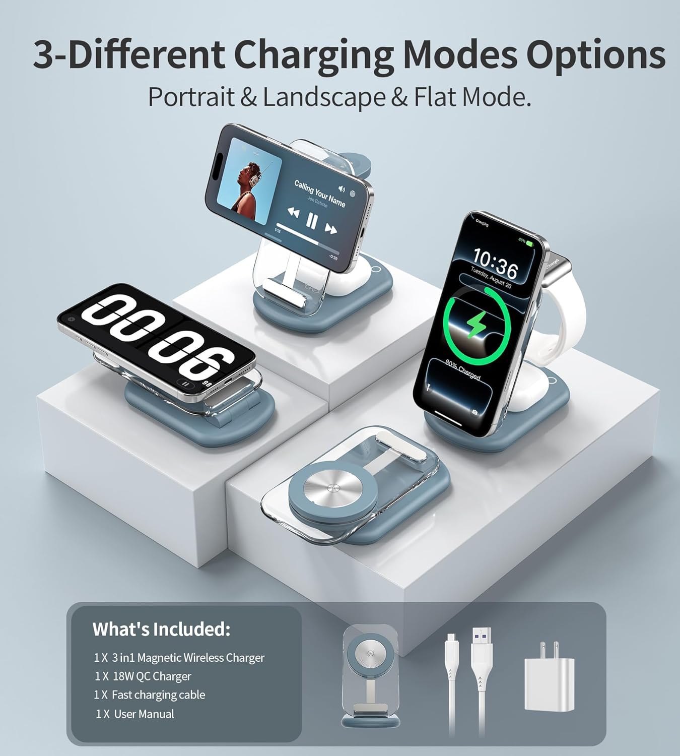 3 in 1 Magnetic Wireless Charging Station for Apple Devices, Fast Foldable Travel Mag-Safe Charger Stand with Night Light for iPhone 17 16 15 14 13 12 Series, Apple Watch/AirPods Pro, BU
