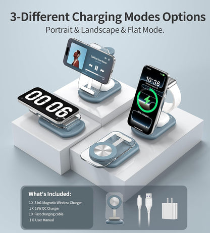 3 in 1 Magnetic Wireless Charging Station for Apple Devices, Fast Foldable Travel Mag-Safe Charger Stand with Night Light for iPhone 17 16 15 14 13 12 Series, Apple Watch/AirPods Pro, BU