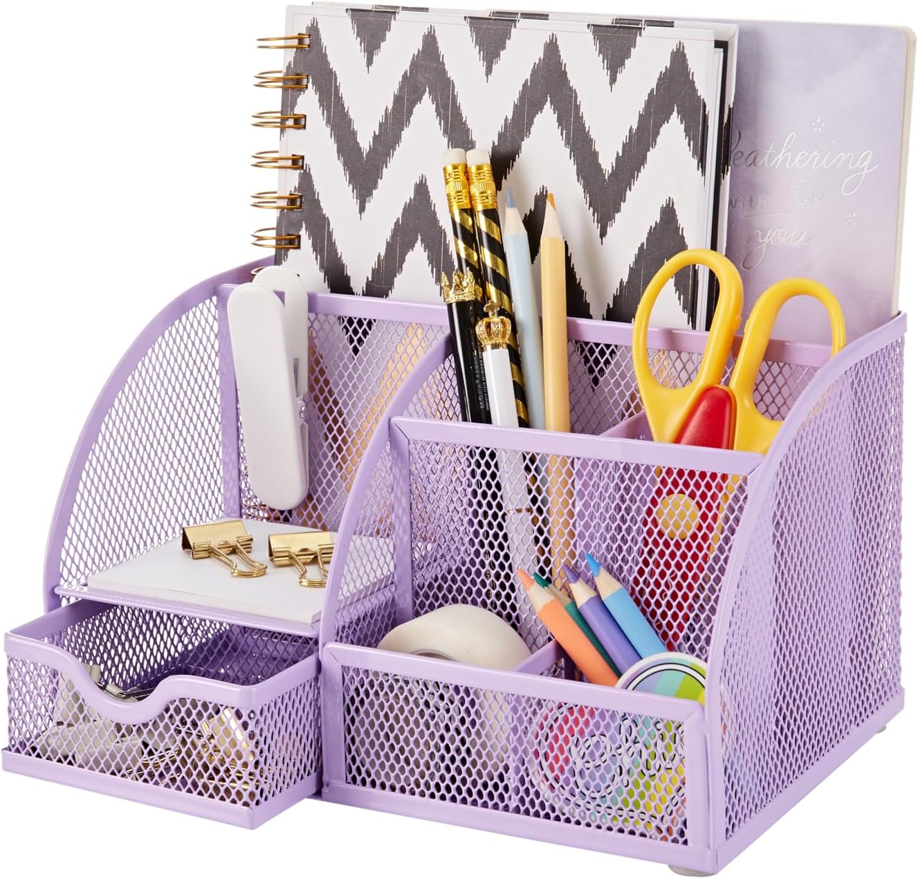 Exerz Desk Organizer Golden Office Desk Accessories Supplies Office Storage Desktop Pencil Pen Holder with Drawer Home Workspace