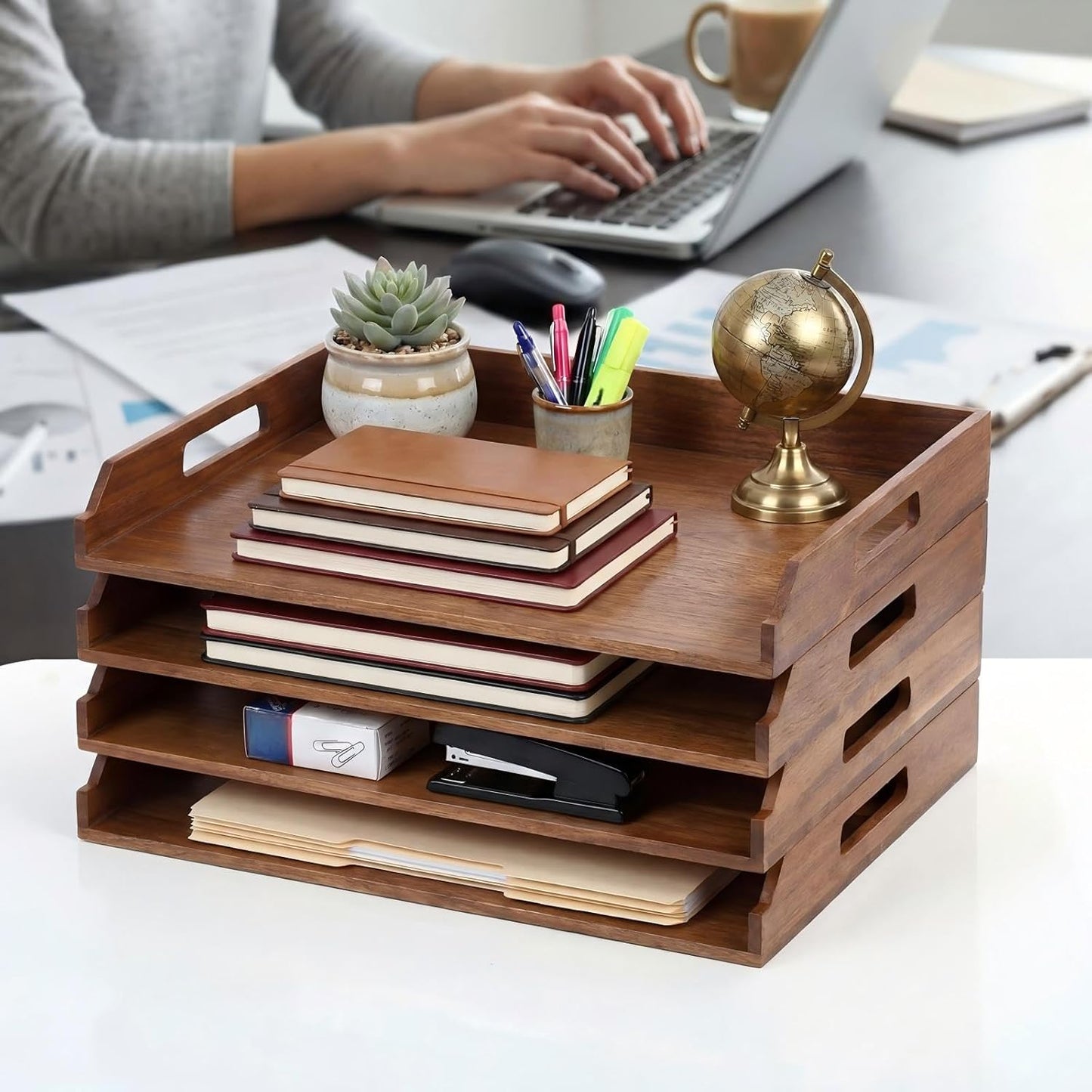 AceOrbit 6 Pcs Stackable Paper Tray Bamboo Wood Desk Organizer Letter Tray 6 Tier Wooden File Organizer Desk Shelf for Documents, Letter Sorter, Envelopes and Magazine Holder