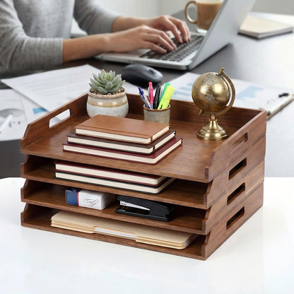 AceOrbit 6 Pcs Stackable Paper Tray Bamboo Wood Desk Organizer Letter Tray 6 Tier Wooden File Organizer Desk Shelf for Documents, Letter Sorter, Envelopes and Magazine Holder