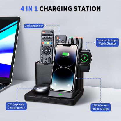 4 in 1 Wireless Charging Station with Desk Organizer, Leather Nightstand Office Organizer with Wireless Charger Stand for Multiple Devices iPhone 15 14 13 12 11 Pro Max and Samsung AirPods & iWatch