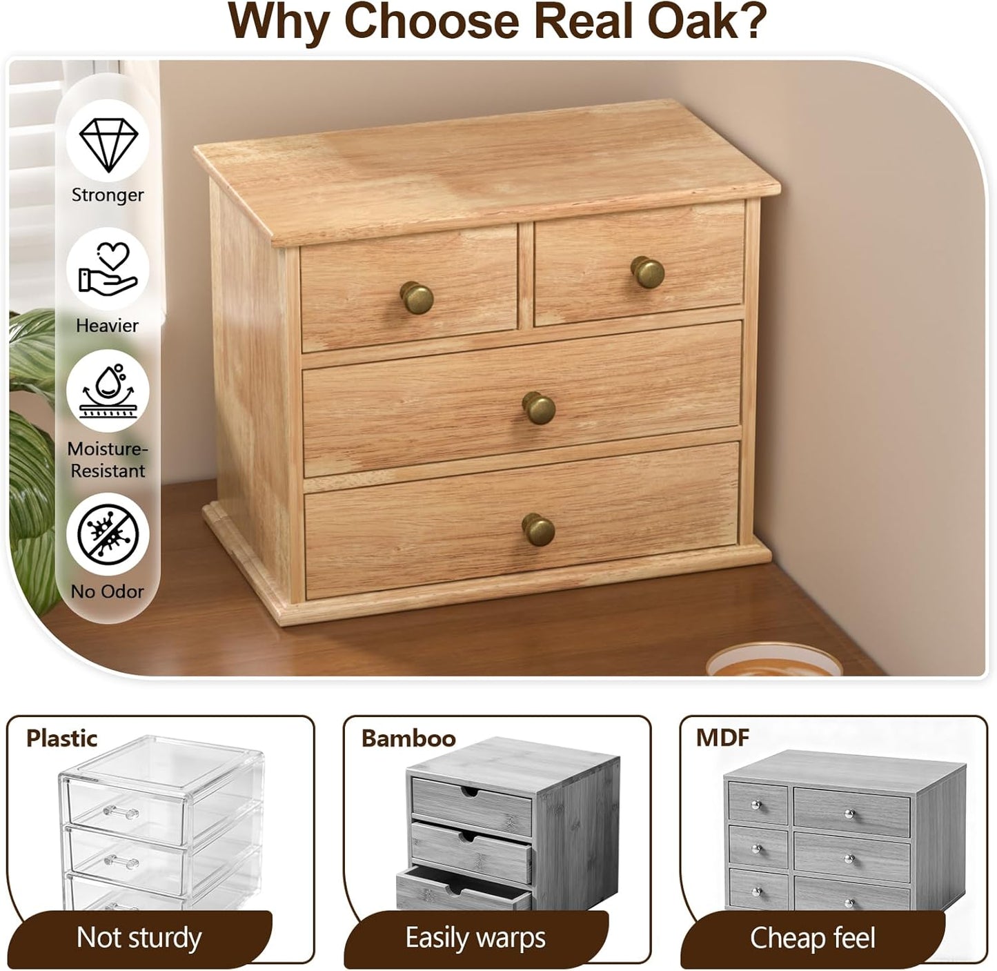 Oak Desk Organizer with Drawers, Durable Wooden Desktop Storage Box with Metal Handles & Non-Slip Silicone Pads, 4 Drawer Tabletop Organizer for Office, Bedroom, Bathroom, Vanity, and Makeup – Walnut
