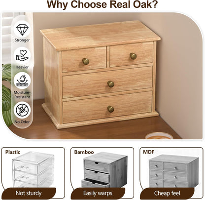 Oak Desk Organizer with Drawers, Durable Wooden Desktop Storage Box with Metal Handles & Non-Slip Silicone Pads, 4 Drawer Tabletop Organizer for Office, Bedroom, Bathroom, Vanity, and Makeup – Walnut