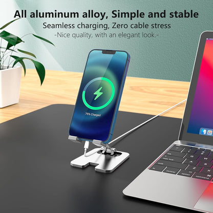 Amzpas Adjustable Cell Phone Stand Metal, Foldable Desktop Cellphone Stand with Anti-Slip Base and Convenient Charging Port, for Phone 17 16 15 14 13 12 11 Pro Xs Xs Max Xr X 8, All Phones