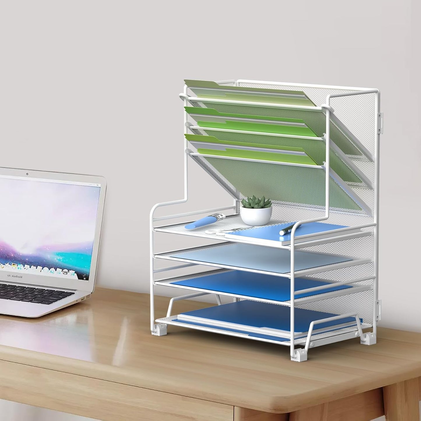 MINDEPOT 4-Tier Paper Organizer + 3-Pocket File Holder + Drawer + Pen Holders, Desktop File Organizers Paper Tray for Office Accessories School Classroom Organization (Black)
