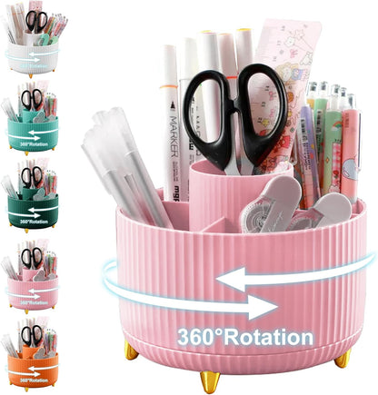 Cayxenful Pencil Holder For Desk,5 Slots 360°Degree Rotating Desk Organizers And Accessories,Desktop Storage Stationery Supplies Organizer, Cute Pencil Cup Pot For Office, School, Home (B-White)