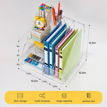BONIER Acrylic Desk Organizer, 4-Tier Paper Tray and Mail Sorter, 2-Tier Magazine Rack, Document Storage and Accessories Holder for Home, Office, and Classroom Use