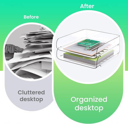 Tomorotec Desk Letter Tray Set, A4 Size Clear PET Stackable Document Organizer Office Desktop File Paper Holder Book Storage Rack Side Load Anti-Skid Stacking Support Convex Bottom (2X Landscape)