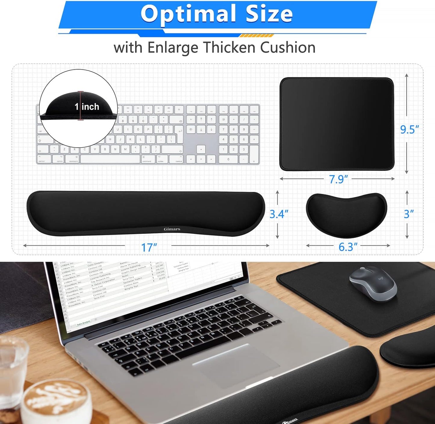 Gimars Upgrade Enlarge Silky and Superfine Fabric Gel Memory Foam Keyboard Wrist Rest Set, Ergonomic Keyboard Mouse Wrist Support for Typing Pain Relief, Comfort for Office, Gaming, Computer