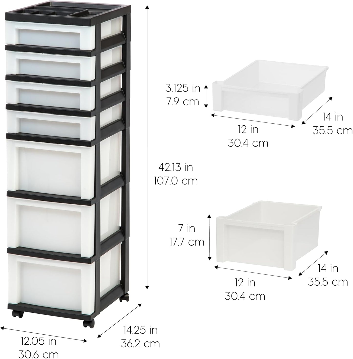 IRIS USA Plastic Drawer Storage Organizer Rolling Cart, with Wheels Casters, 4-Drawers, for Classroom Art Craft Supplies Dresser Closet Bathroom Laundry Room, Black/Pearl