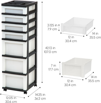 IRIS USA Plastic Drawer Storage Organizer Rolling Cart, with Wheels Casters, 4-Drawers, for Classroom Art Craft Supplies Dresser Closet Bathroom Laundry Room, Black/Pearl