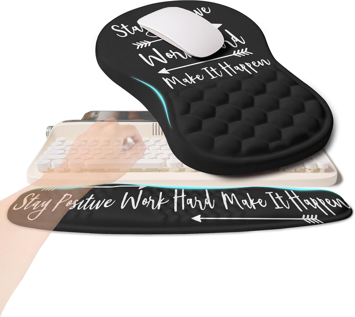 2-in-1 Ergonomic Set, Wave Rise Keyboard Wrist Rest and Massage Bulge Slope Mouse Pad Wrist Support, Cushion Memory Foam Integrated to Relieve Wrist Pain, Black