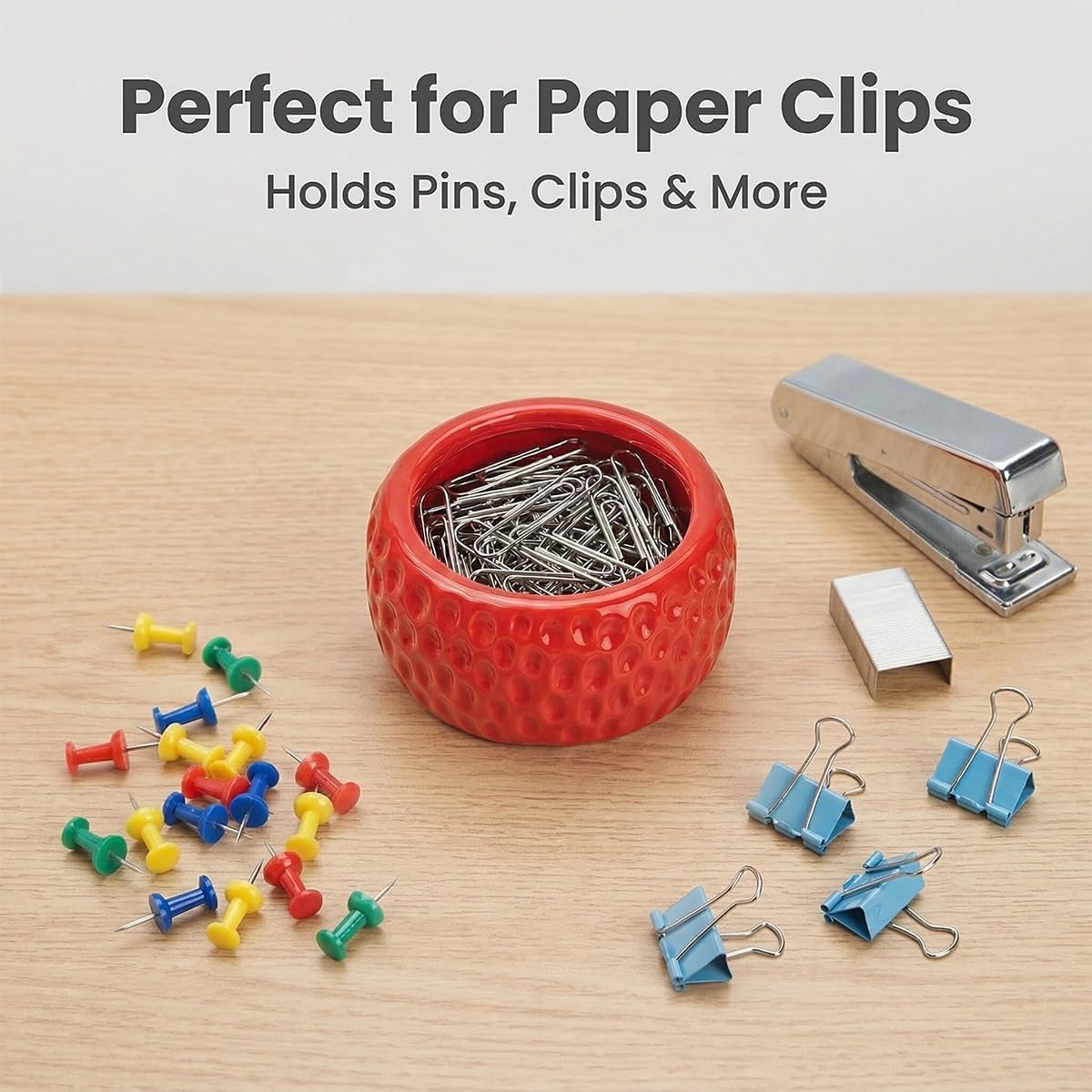 Ceramic Paper Clip Holder, Strawberry Pen Holder Set, Desktop Aesthetic Creative Storage Set of 2, Office Home Decor(Red)