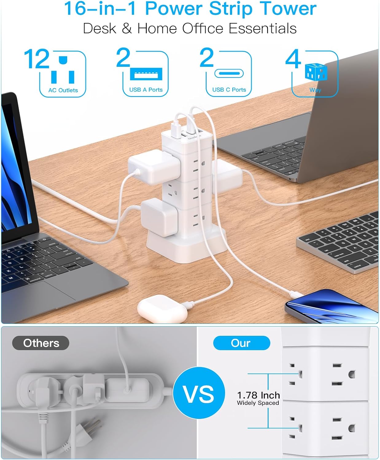 Surge Protector Power Strip Tower, 12 Outlets 4 USB (2 USB C) Desktop Charging Station for Multiple Devices, 6Ft Flat Plug Extension Cord with Multiple Outlets, Home Office College Dorm Essentials