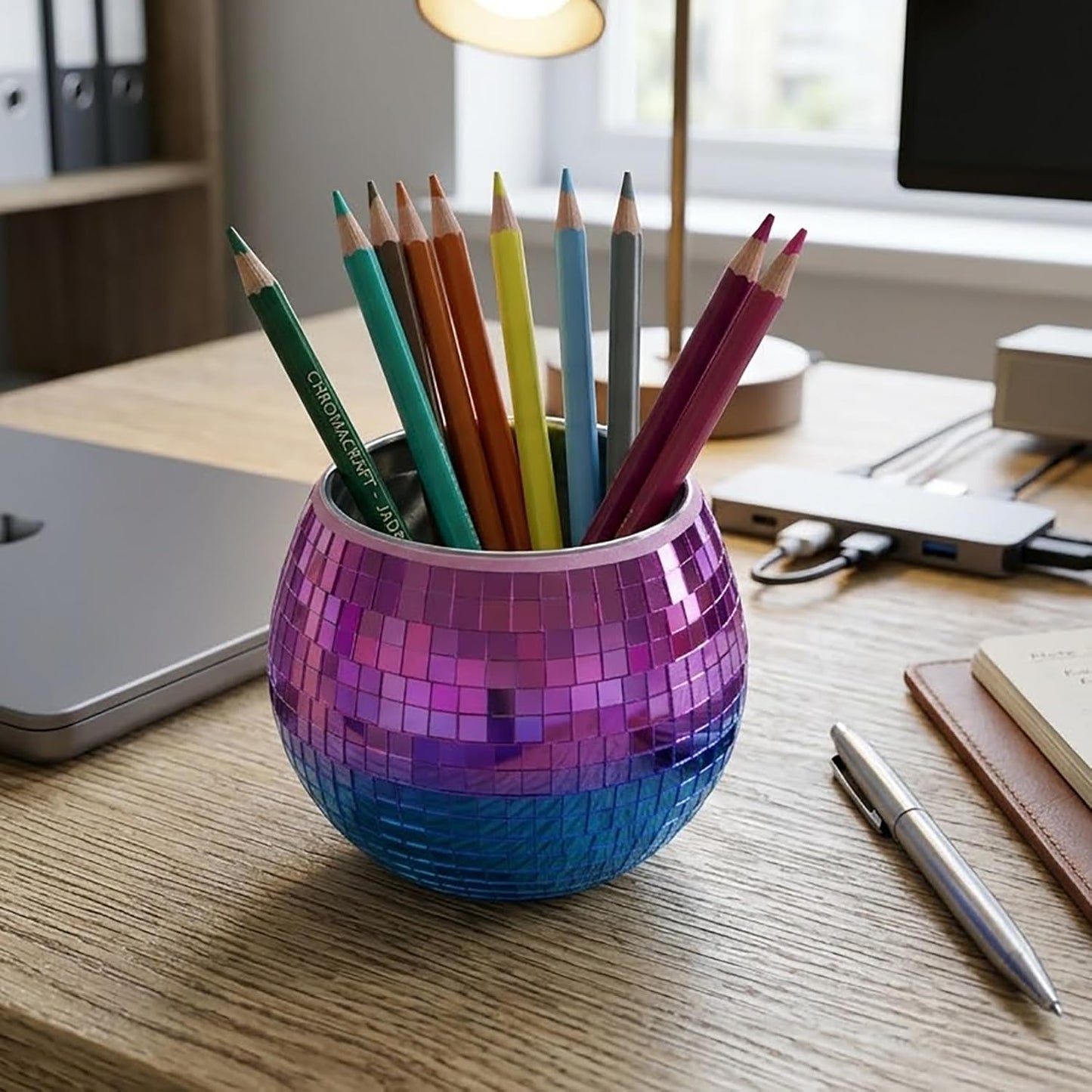 2 Pack Glass Disco Ball Makeup Brush with Smooth Grouting - Premium Mirror Mosaic Pencil Cup for Desk, Cute Pen Holder, Aesthetic Room Decor Gift (Iridiscente)