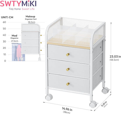 SWTYMIKI Rolling Makeup Organizer Cart - Under Desk Vanity Makeup Storage with 3 Non-woven Drawers, Nail Cart Organizer Cosmetic Display Cases Cabinet for Skin Care Perfume Nail Polish Brush Hair Tool