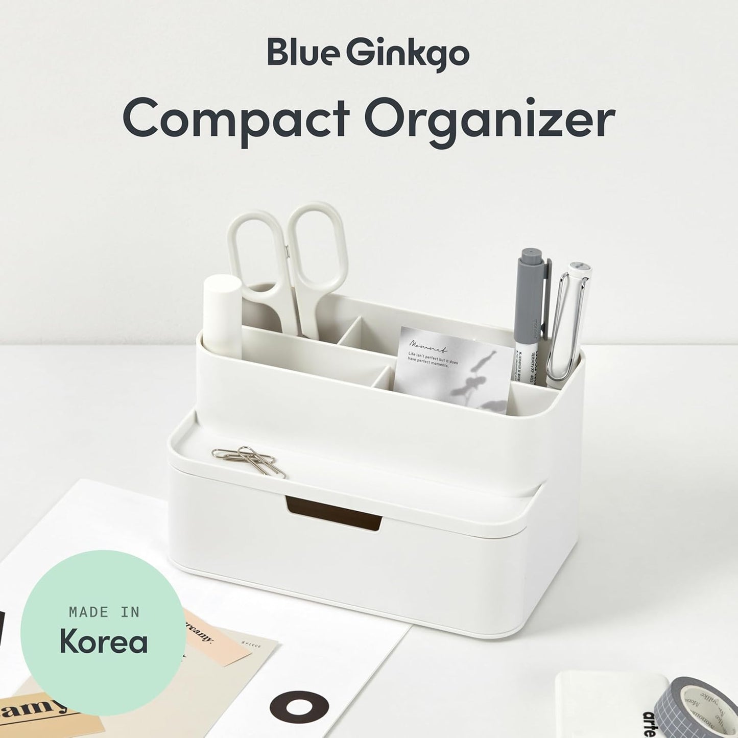 BLUE GINKGO Compact Desk Organizer – Small 5-Compartment, Half Drawer Storage – Pen Holder, Stationery Organizer for Desktop, Vanity, Shelf (Made in Korea, Green)
