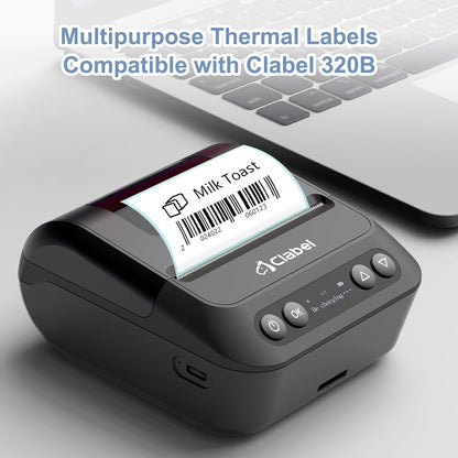 Clabel Printable White Cable Labels 6 Rolls of Thermal Self-Adhesive Paper Labels Tape, 25x78mm (1"x3") 100 Sheets Per Roll, Black Print on White Sticker Tags Durable