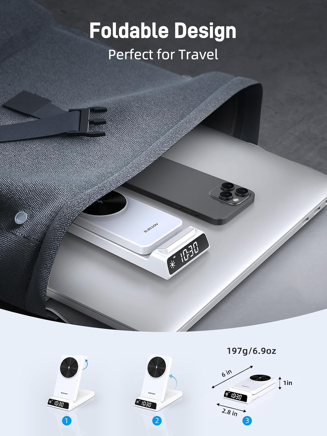3 in 1 Charging Station for Apple, ELECDOV Magnetic Charger for iPhone, Foldable Wireless Charger with Clock, Travel Watch Charger Stand for iPhone 17/Air/16/15 Series, iWatch 10/AirPods 4 (Grey)