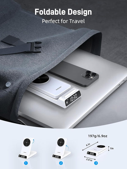 3 in 1 Charging Station for Apple, ELECDOV Magnetic Charger for iPhone, Foldable Wireless Charger with Clock, Travel Watch Charger Stand for iPhone 17/Air/16/15 Series, iWatch 10/AirPods 4 (Grey)