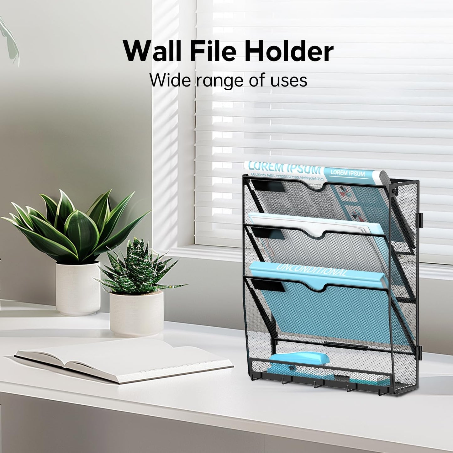 5 Tier Wall File Organizer - Hanging File Organizer with 5 Hooks, Mail Holder Wall Mounted for Papers, Folders, Magazines, Bills, Office&School Organization, Black