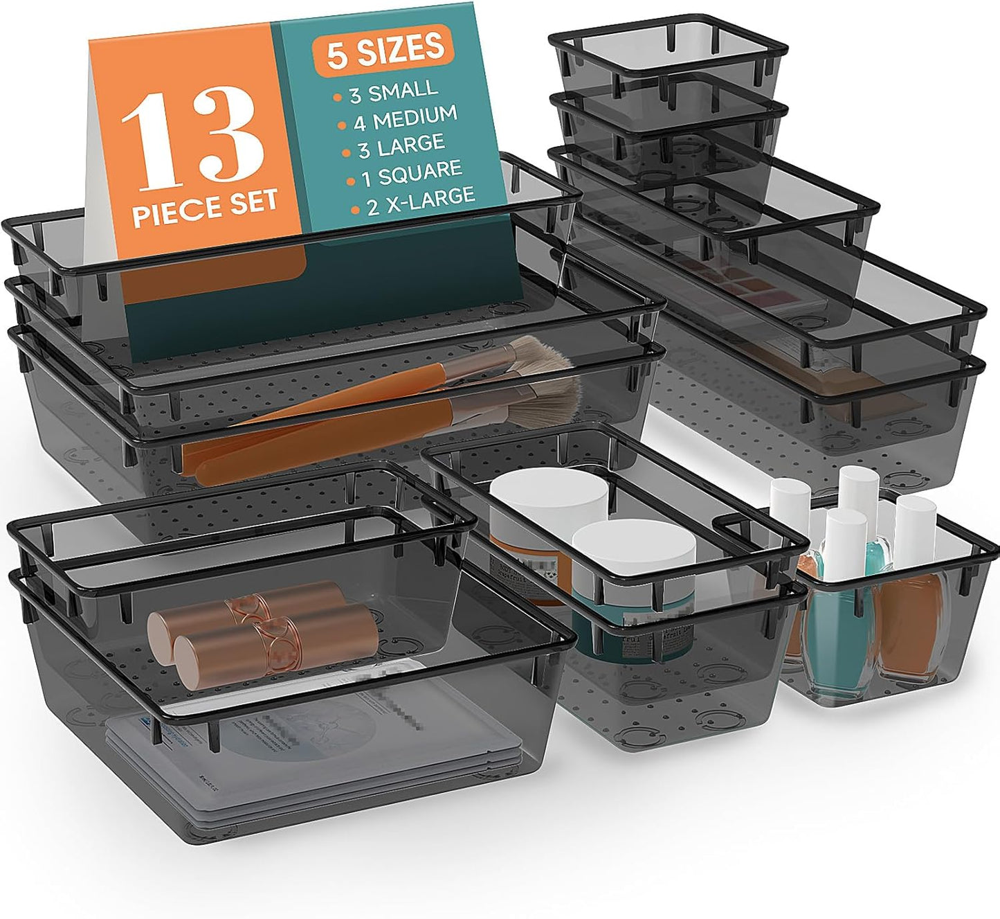 WOWBOX 13 PCS Plastic Drawer Organizer Set, Desk Drawer Divider Organizers and Storage Bins for Makeup, Jewelry, Gadgets for Kitchen, Bedroom, Bathroom, Office, Black