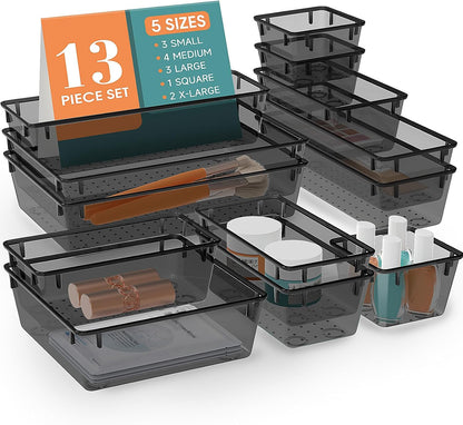 WOWBOX 13 PCS Plastic Drawer Organizer Set, Desk Drawer Divider Organizers and Storage Bins for Makeup, Jewelry, Gadgets for Kitchen, Bedroom, Bathroom, Office, Black