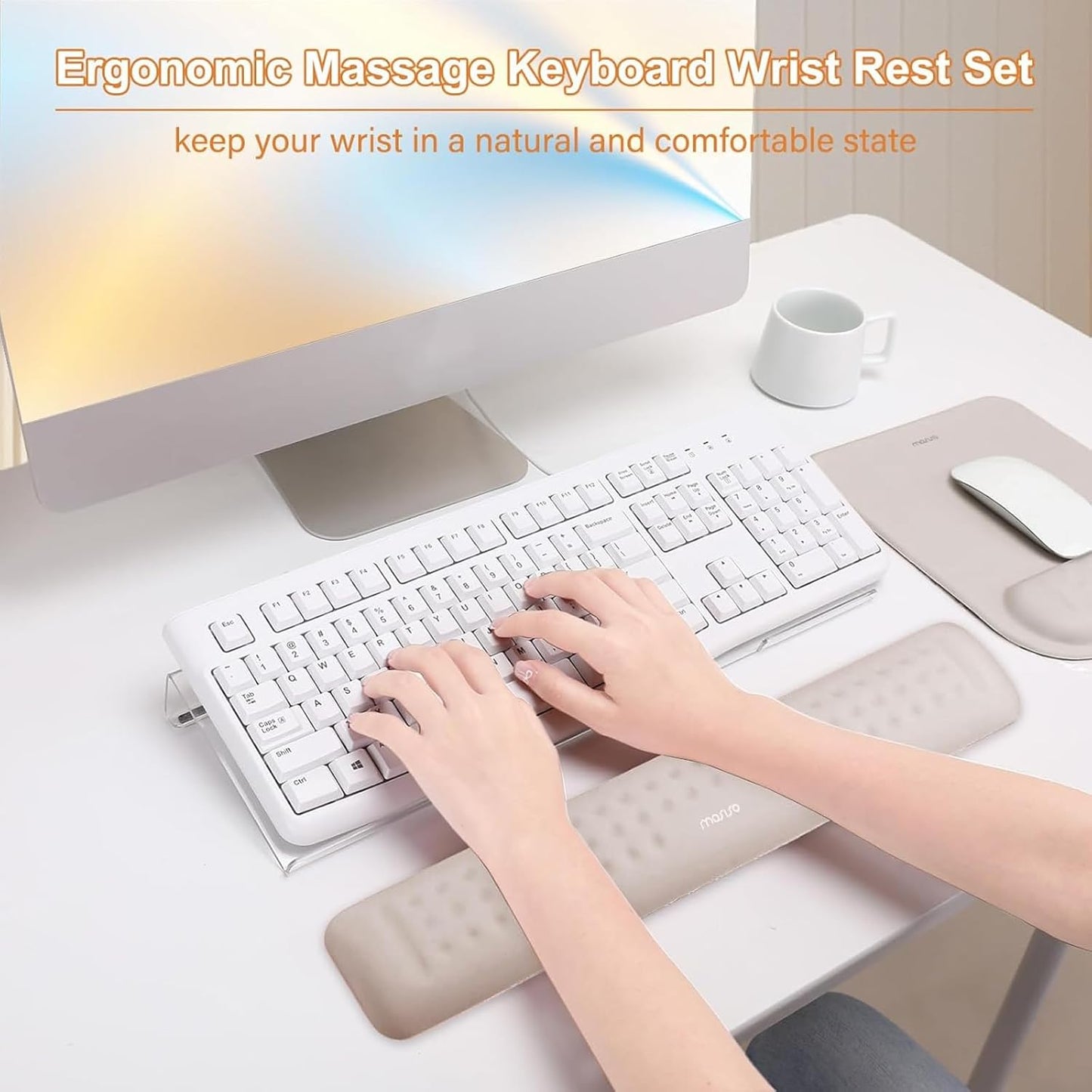 MOSISO Computer Keyboard Stand&Wrist Rest Support for Keyboard &Mouse Pad Set, Ergonomic Massage Wrist Rest Set, Easy Typing Working Acrylic Clear Stand for Office Home, Apricot
