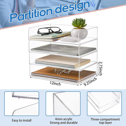 Harloon 4 Tier Paper Organizer Letter Tray Acrylic Desk File Organizer Heavy Duty Stackable Documents Clear Letter Paper Holder Sorter Office Tray for A4, Office Classroom Home File Pad Notebooks