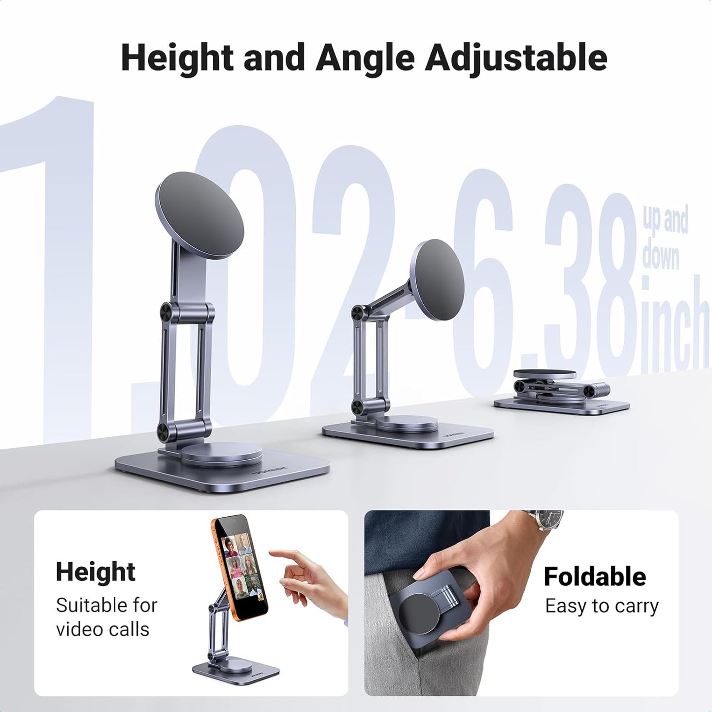 UGREEN 360° Rotation Magnetic iPhone Stand for MagSafe, Cell Phone Stand for Desk Ergonomic Design Adjustable Compatible with iPhone 17 Air 16 Pro 15 Pro Max 14 Plus 13 12 and MagSafe Case