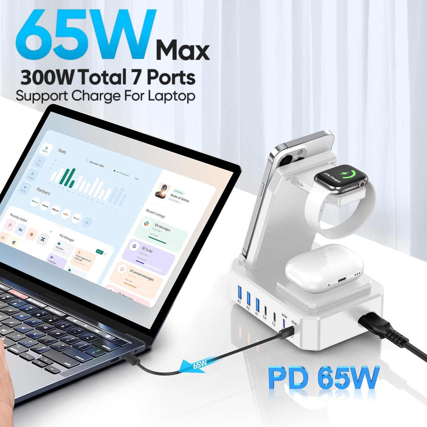 300W Charging Station for Multiple Devices Apple,10 in 1 Wireless Charger for iPhone,GaN III USB C 65W PD Fast Charging Stand Dock for MacBook,iWatch&Airpods (Wireless Charging Only for Apple)