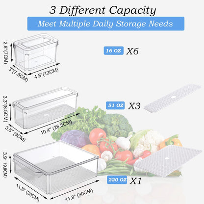 KUMD 10-Pack Clear Fridge Organizer Bins with Lids, Stackable Refrigerator Storage Containers, BPA-Free with Drain Tray & Anti-Slip Base for Fruits, Veggies, Drinks