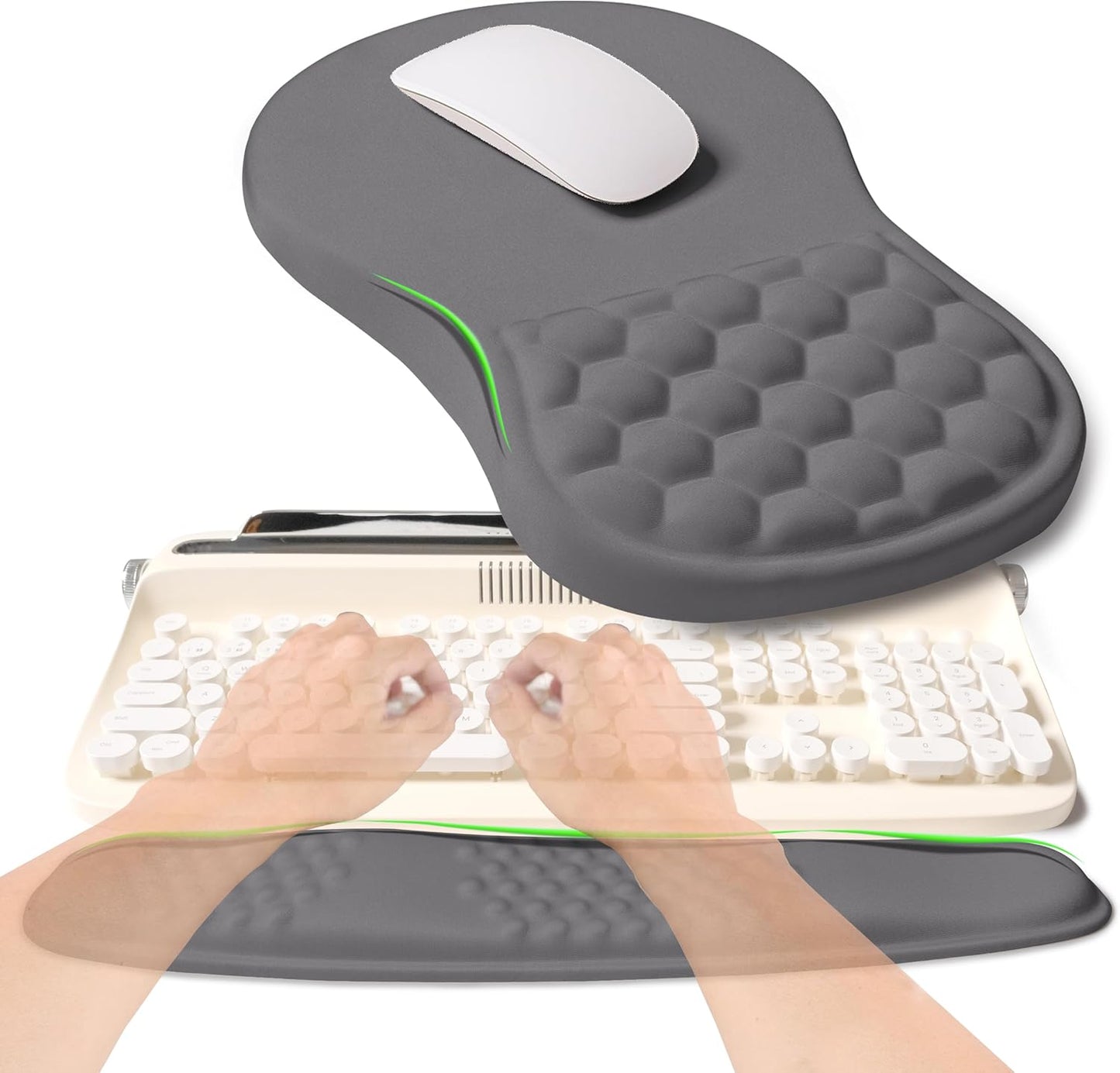 2-in-1 Ergonomic Set, Wave Rise Keyboard Wrist Rest and Massage Bulge Slope Mouse Pad Wrist Support, Cushion Memory Foam Integrated to Relieve Wrist Pain, Black