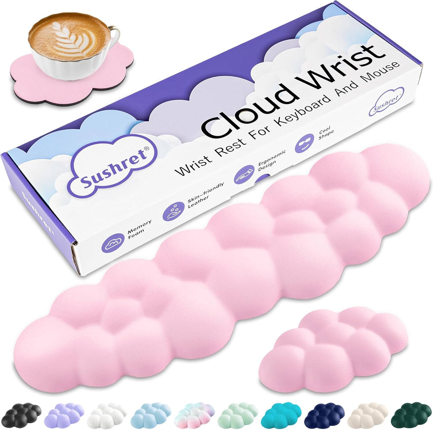 Sushret Cloud Wrist Rest Keyboard, Cloud Keyboard Wrist Pad Set with PU Leather Memory Foam, Cute Arm Rest for Palm Support, PC/Gaming Desk Accessories/Office Setup/Computer Hand Cushion - White