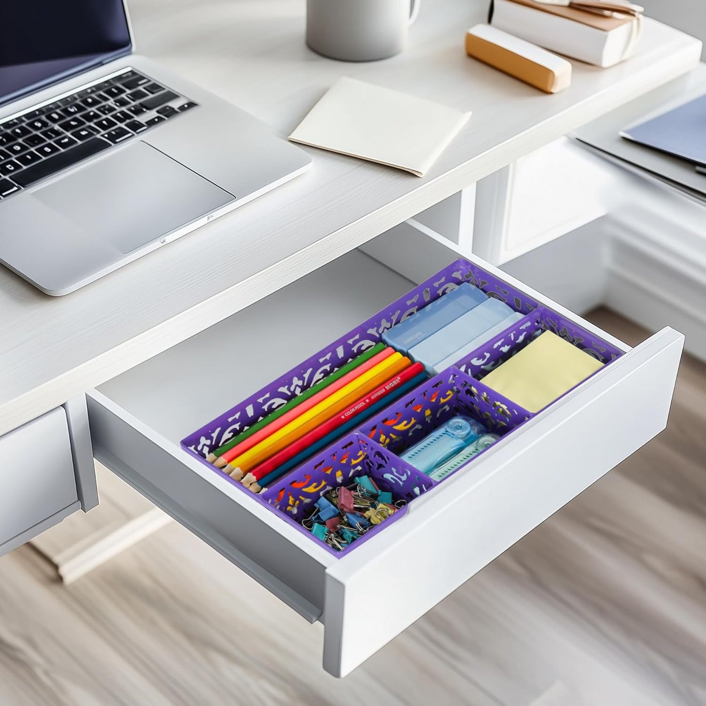 EasyPAG Desk Drawer Organizer with 4 Compartments, Carved Hollow Floral Metal Tray for Office, Jewelry, Cosmetics - No Assembly, Purple