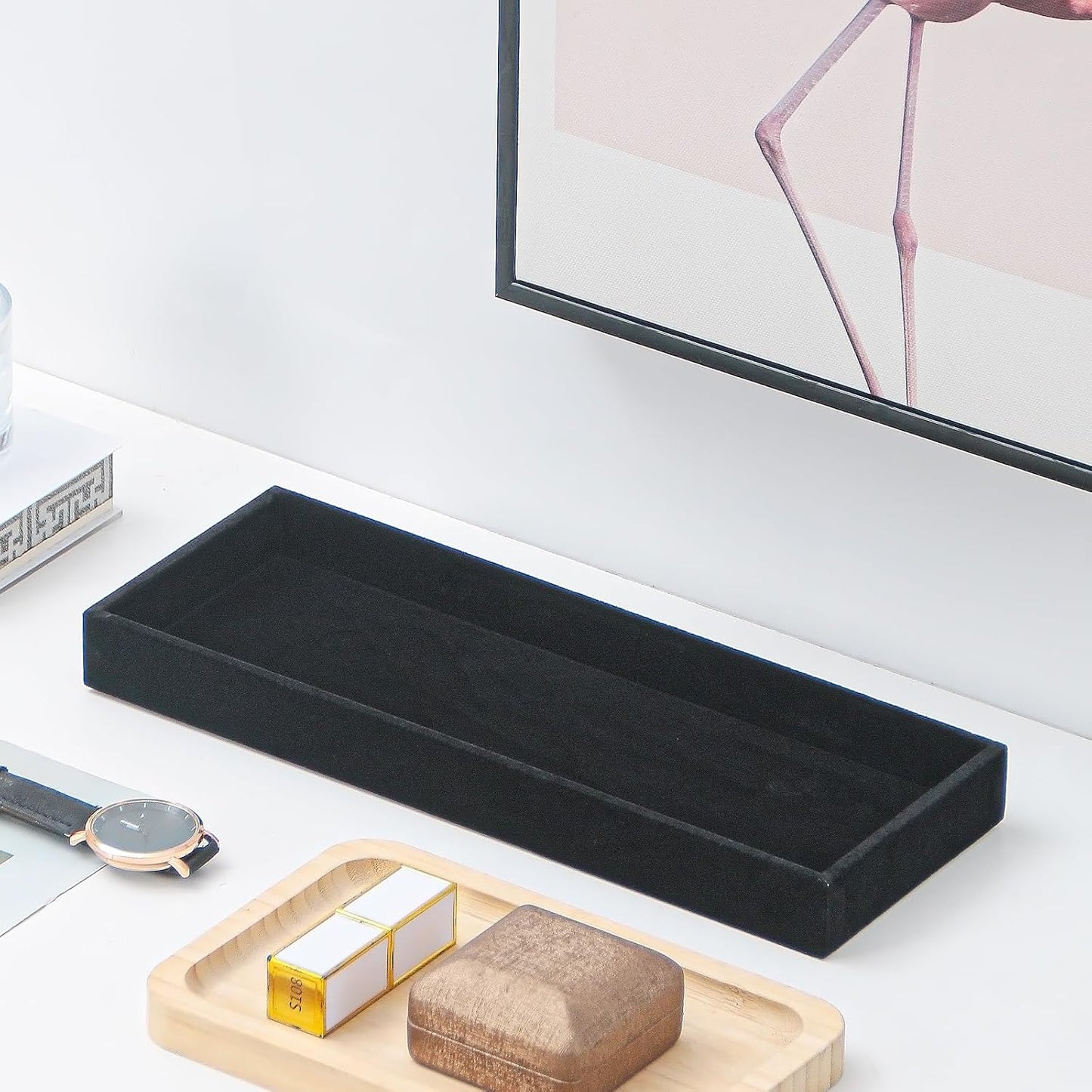 Divided Drawer Organizer Tray, Velvet Jewelry Storage Tray, Necklace Bracelet Ring Earring Display Tray,Bedside Nightstand Desk Holder Tray for Phone Watch Sunglasses Cosmetics Storage/Beige/1grid
