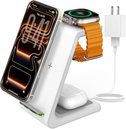 Charging Station for iPhone and Apple Watch: 3 in 1 Wireless Phone Charger Stand for iPhone 17 16 15 14 13 12 11 Pro Max & AirPods, Bedside Nightstand Docking