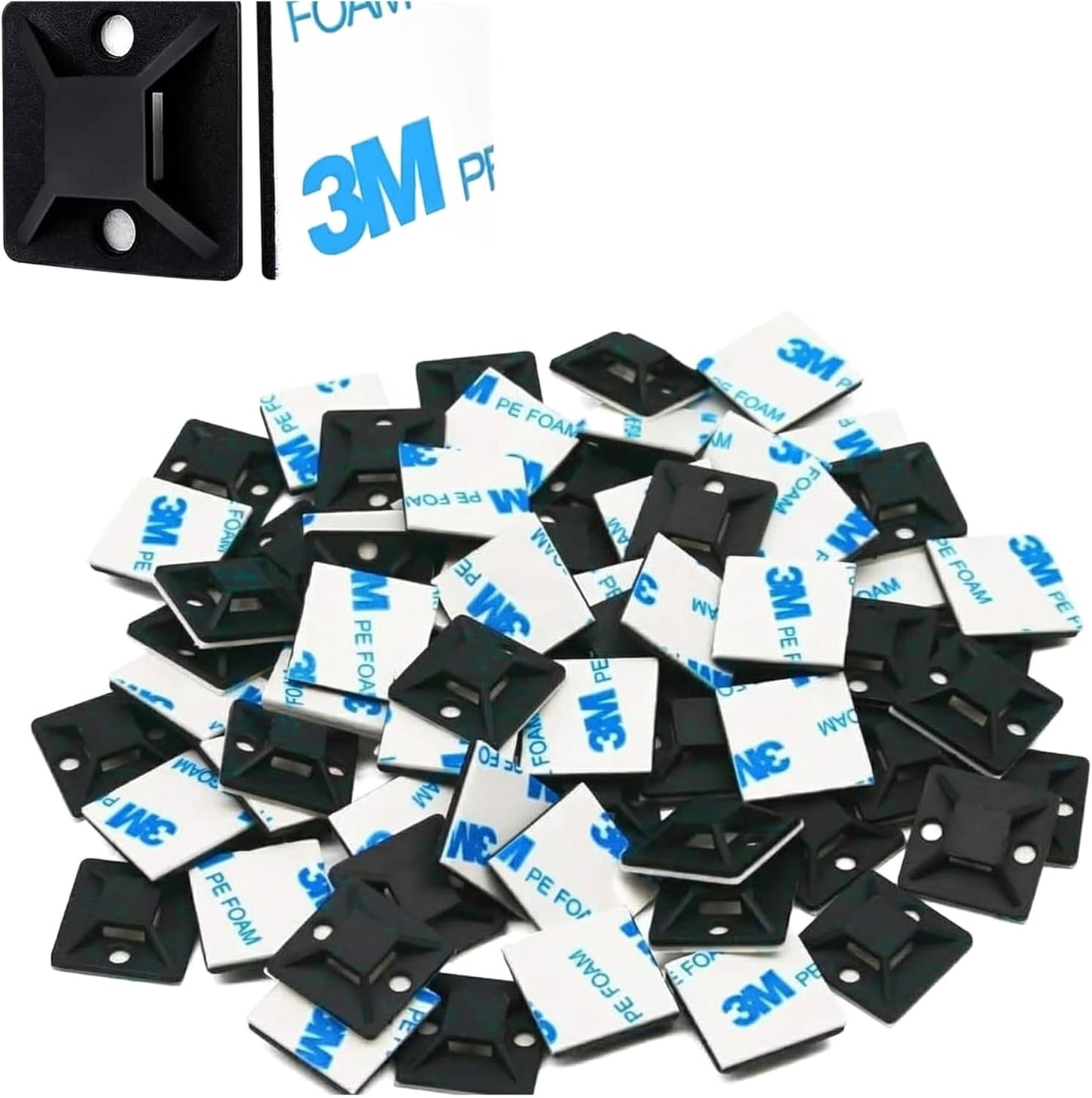 3/4-Inch Black Self-Adhesive Cable Tie Mounts - 100 Pack, Screwless Wire Clips Holders for Organizing Cables, Adhesive Anchors for Home Office Car Desk
