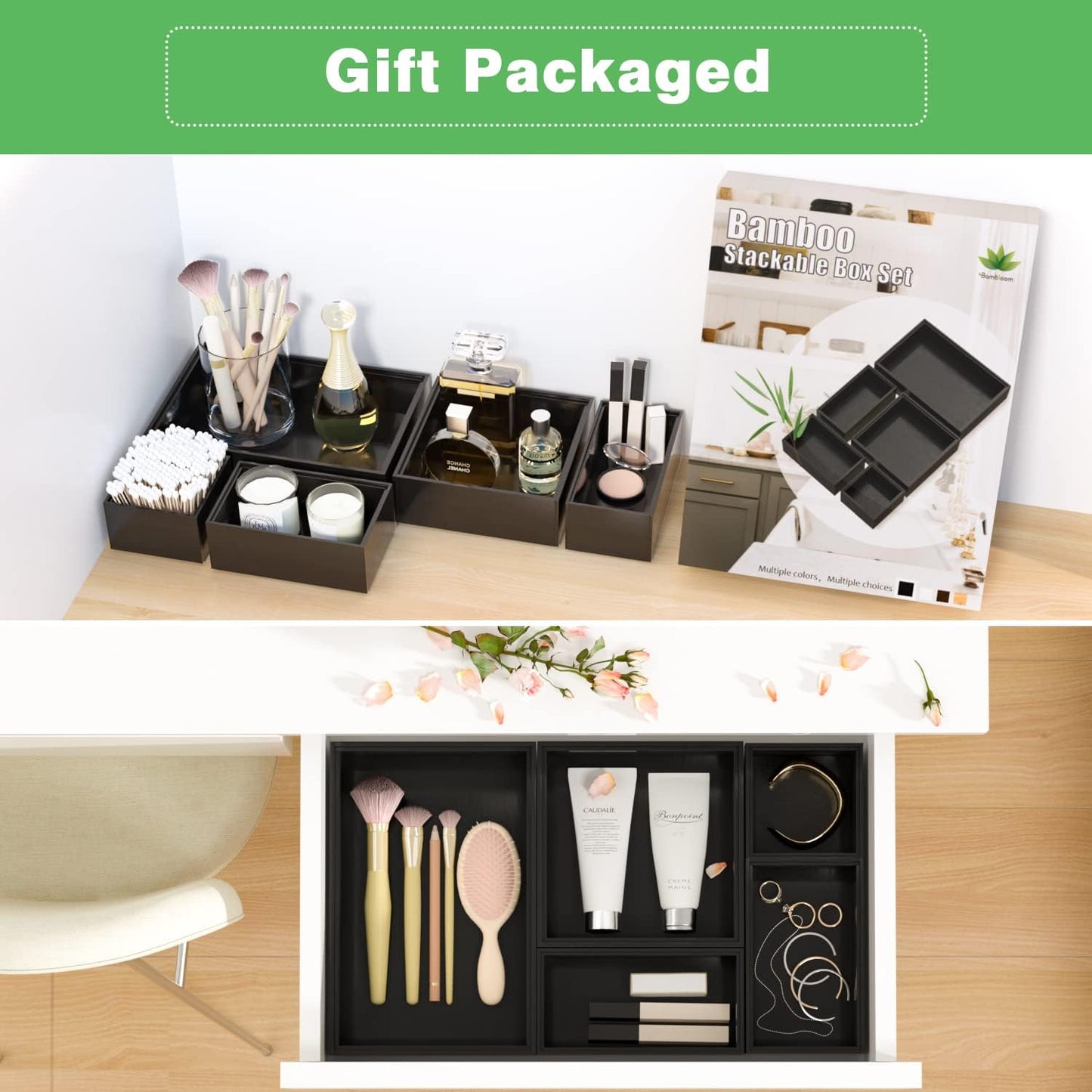 Bamboo Bathroom Drawer Organizer Dividers, Wooden Kitchen Utensil Holder Set of 5, Stackable Junk Drawer Organizer Tray, Multi-Use Storage Bins Boxs for Home, Office, Clothing, Makeup, Jewelry