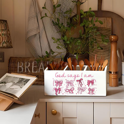 Purple Coquette Bow Pen Pencil Holder for Desk, Girly Office Decor, Preppy Purple Bow Aesthetic Wooden Box Sign Decorations for Girly Room Bedroom Dorm Office Desk Tabletop