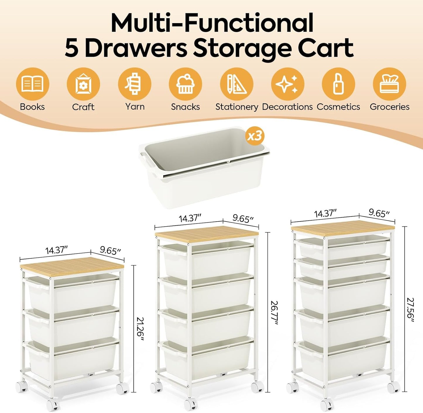 Rolling Storage Cart with 3 Drawers, Craft Organizer, Wooden Tabletop Utility Cart for Bedroom, Children's Room and Office Organization, Under Desk Trolley with Lockable Wheels,White