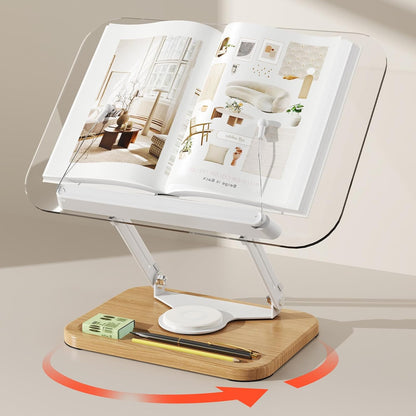 BYMECOST Acrylic Book Stand for Reading, Adjustable Book Holder with 360° Rotating Base & Elastic Page Clips, Foldable Desktop Riser Stand for Cookbook,Laptop,Tablet,Music Scores,Recipe,Textbook
