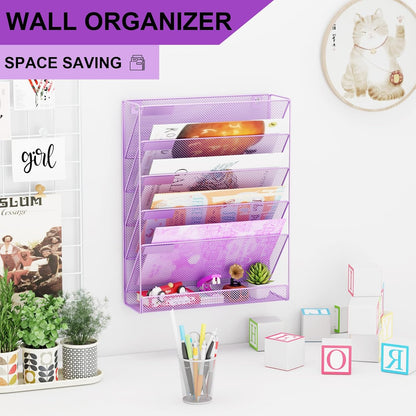 Wall File Organizer Holder Mesh Hanging Paper Document Holder,Vertical 6 Pocket Tier for Office Home, Black