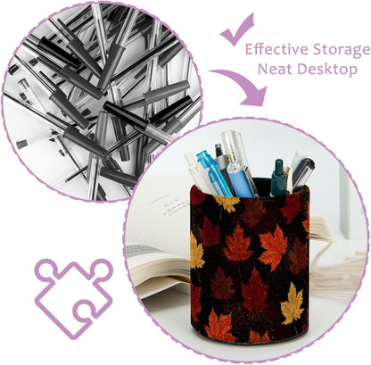 Leather Pen Holder for Desk, Love Cherry Pencil Organizer Pencil Cup Desk Decor Makeup Brush Holder Multifunctional Office Supplies for Home,Office, School