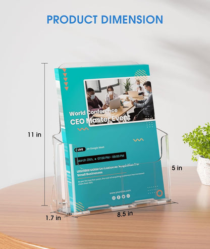 KTRIO Acrylic Brochure Holder 8.5 x 11 Clear Literature Display Stand, Plastic Flyer Holder for Trifold Brochures, Menus, Magazines, Pamphlets, Documents, Desk or Wall Mount, 2 Pack