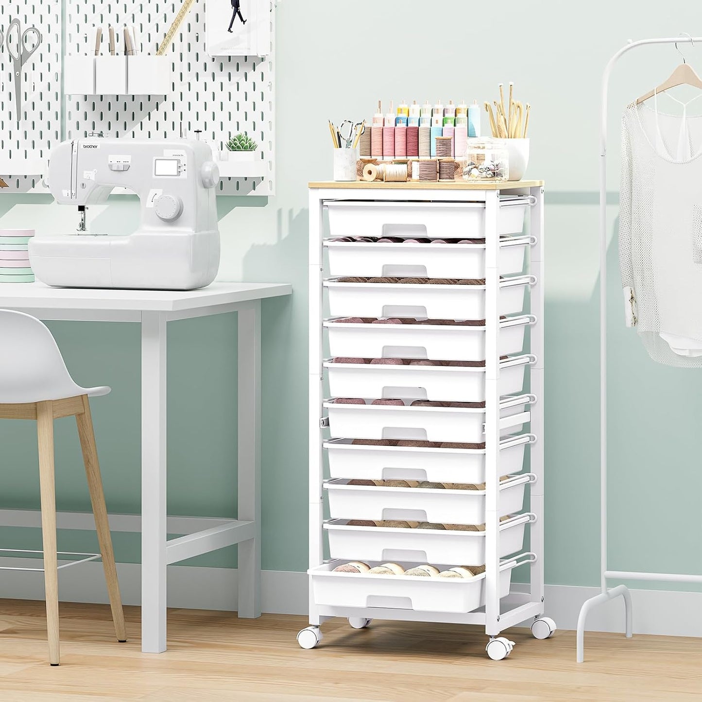 SYKIARIOL Rolling Storage Utility Cart with 6 Drawers and Wooden Tabletop for Under Desk Storage,White